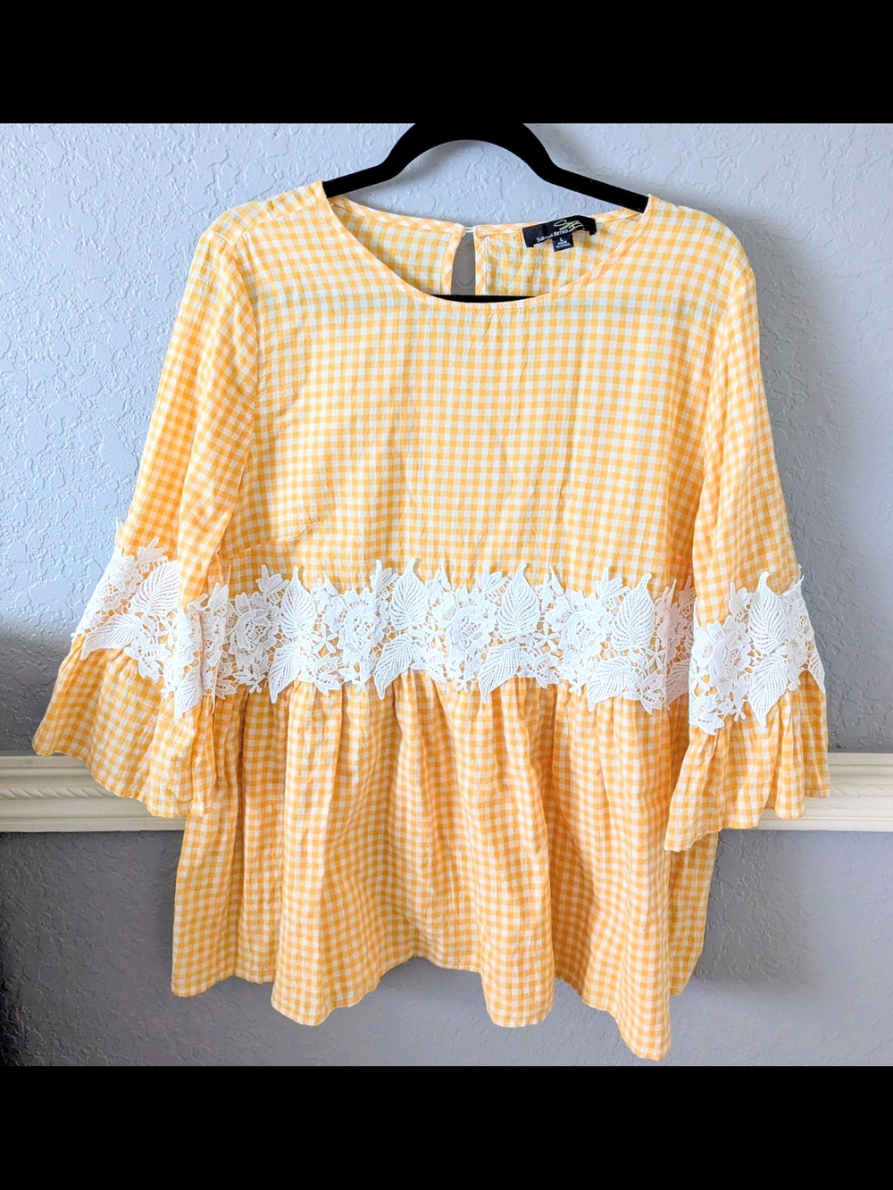 Gingham Mustard Checkered White Lace Trim Tie Neck 3/4 Bell Sleeves Babydoll Top